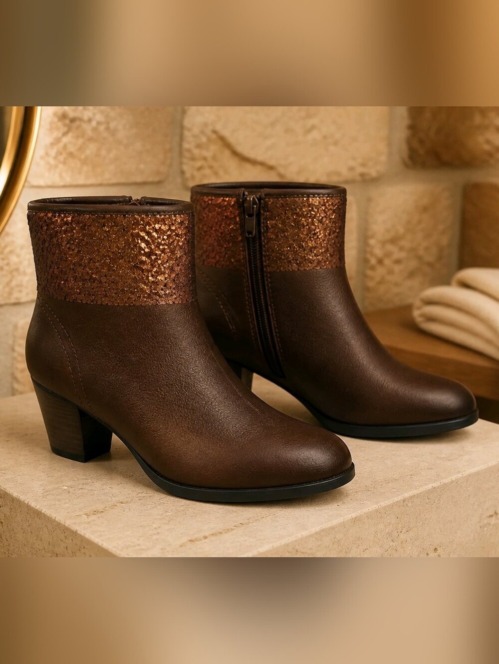 Skechers Women’s Taxi-Starlet Bronze Sequin Ankle Boots - Size 9 - New